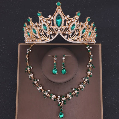Baroque Crystal Tiara & Crown Jewelry Set - Top-Rated Rhinestone Bridal Accessories Green 1