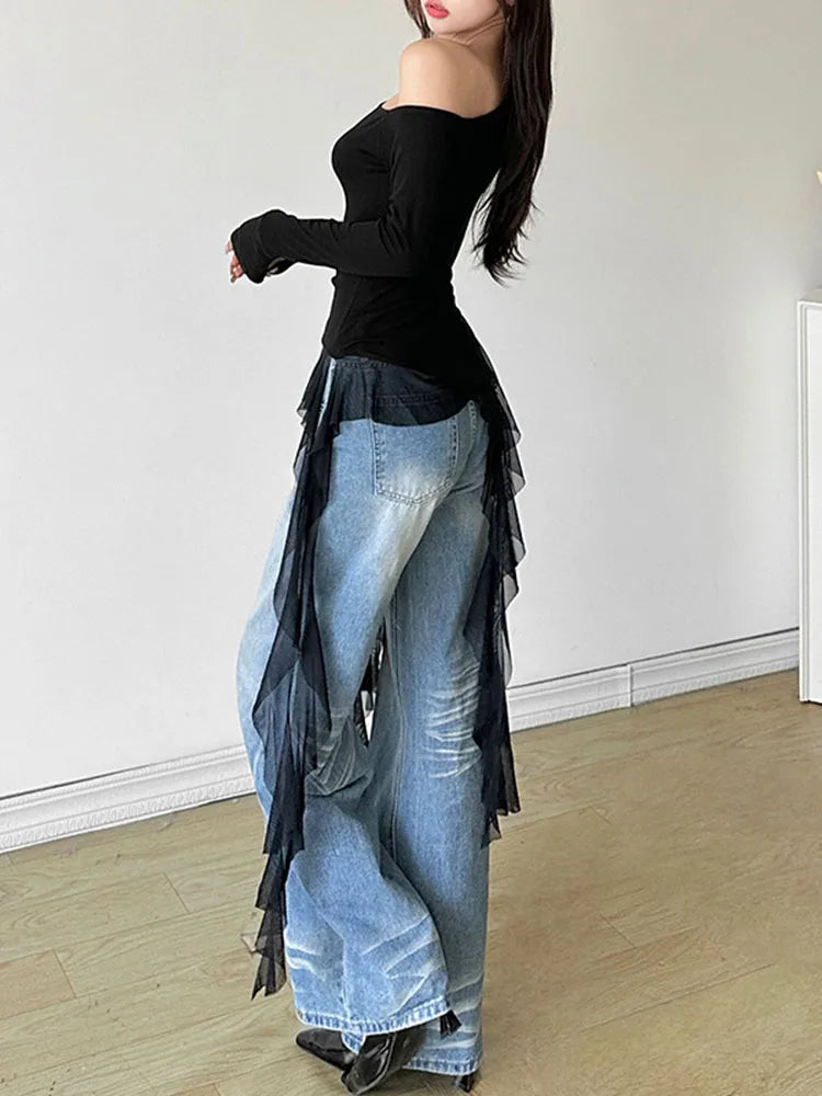 Y2K Aesthetic Gauze Patchwork Top With Skew Collar Harajuku