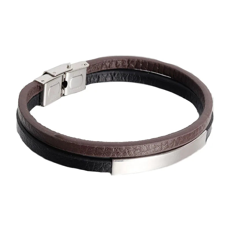 Luxury Men's Leather Bracelet Hand-Woven Multilayer Vintage Bangle with Stainless Steel Clasp