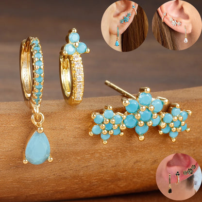 Elegant Zircon Water Drop Earrings Set for Women Stainless Steel Floral Hoops