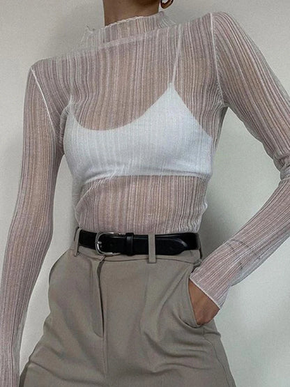 Women Sheer Mock Neck Long Sleeve Top Chic Fall 2024