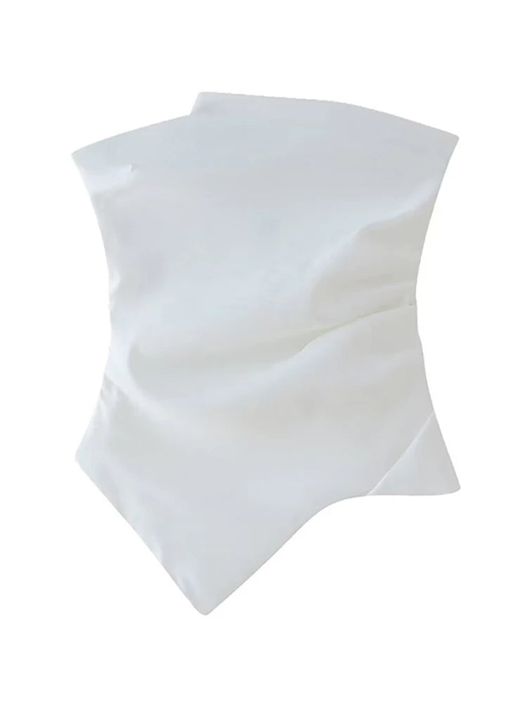 Women Fashion Strapless Pleats Asymmetrical Top Female Casual Sexy Slim Fitting Side Zipper Solid Crop Top