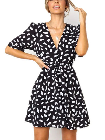 White Sand Spot Mini Sundress Wrap Button V Neck Beach
