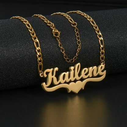 Customized Double Layer Heart Name Necklace for Men and Women with Adjustable Thick Figaro Chain