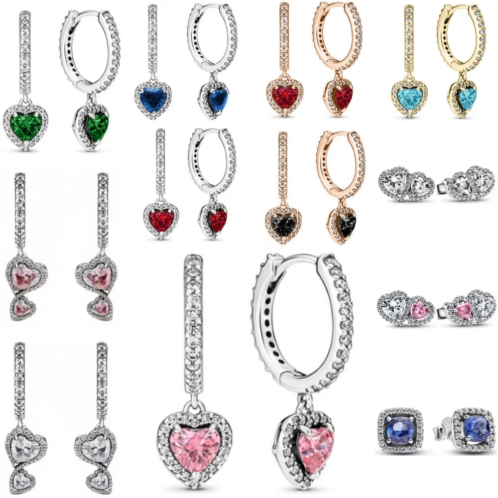 European 925 Silver Heart Shaped Earrings with Pink Red Green Zircon for Women Exquisite Holiday Jewelry Gifts