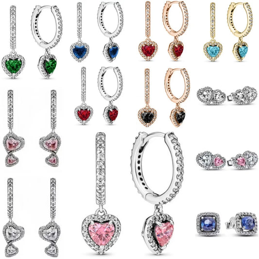 European 925 Silver Heart Shaped Earrings with Pink Red Green Zircon for Women Exquisite Holiday Jewelry Gifts