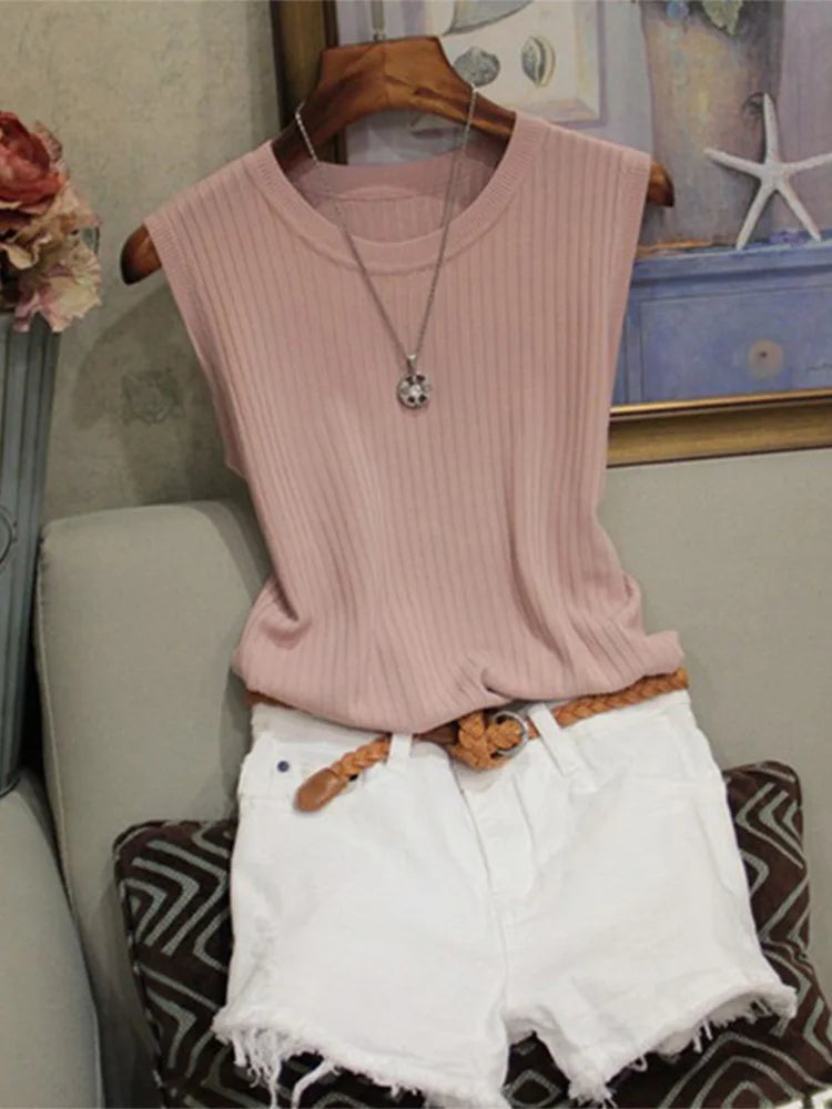 Dozw Knitted Tank Top Women O Neck Solid Vest Casual