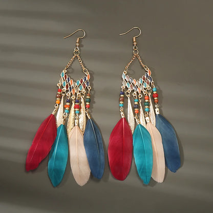 Bohemian Long Feather Drop Earrings with Tassel Beads and Enamel Flowers for Women