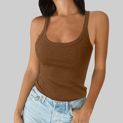 Versatile Sexy Round Neck Solid Spandex Blend Top for Women American Retro Style Outer Inner Wear