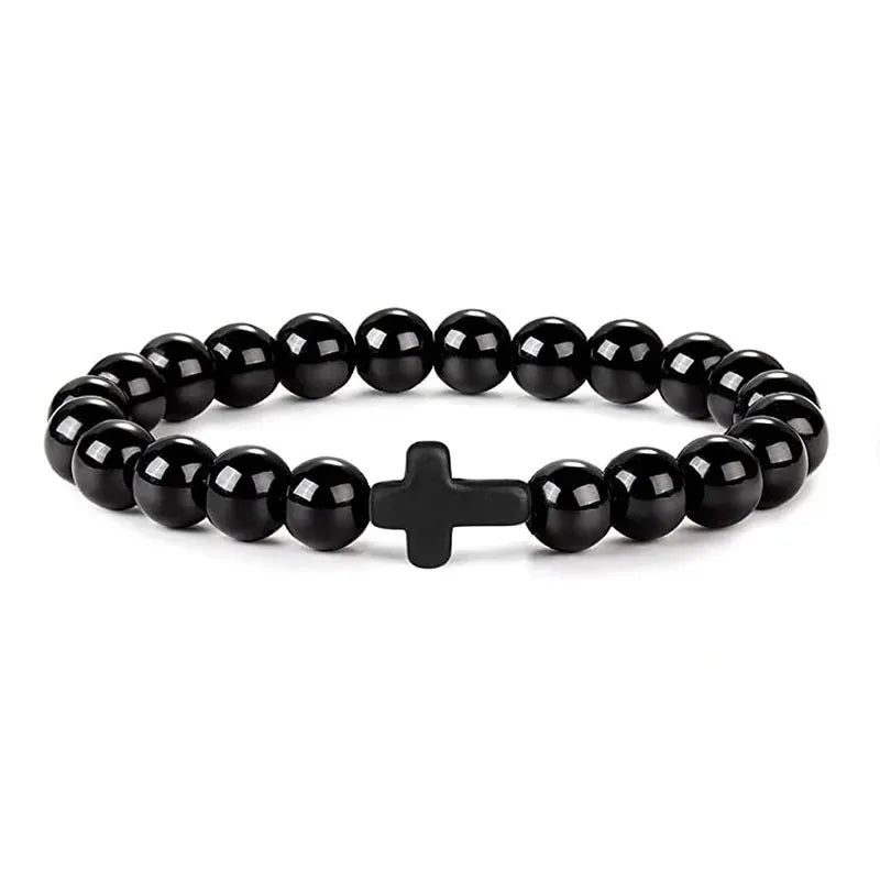 Men's Hematite Cross Bracelet with Natural Stone and Wood Beads for Meditation and Yoga Bright Black