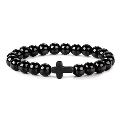 Men's Hematite Cross Bracelet with Natural Stone and Wood Beads for Meditation and Yoga Bright Black