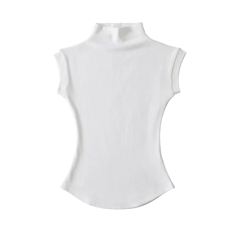 Women Summer Slim Fit Sleeveless Turtleneck Top Casual Solid Color Jersey Tee