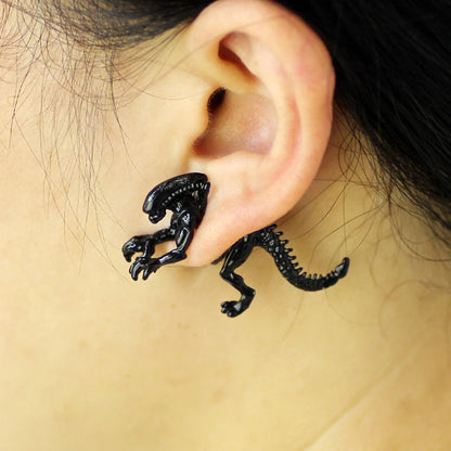 Alien Dinosaur 3D Black Stud Earrings for Women Unique Animal Jewelry Gifts