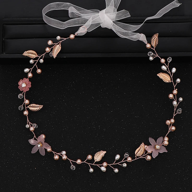 Bridal Pearl Headband - Handmade Gold Flower Hair Jewelry for Weddings