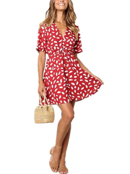 White Sand Spot Mini Sundress Wrap Button V Neck Beach