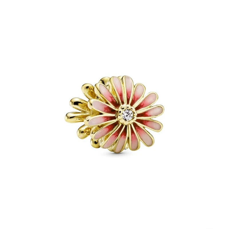 Gold Plated Pink Daisy And Clear Heart Charm Bead 925