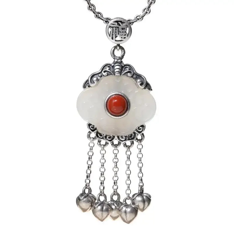 Ethnic Style Hetian Jade Silver Necklace Pendant for Ladies