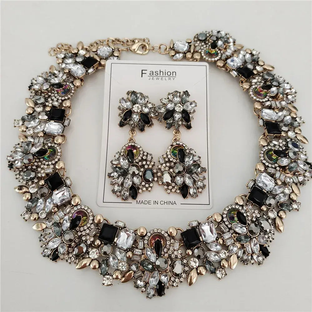 Indian Ethnic Crystal Rhinestone Necklace Earrings Set for Bridal 2024 Black Sets