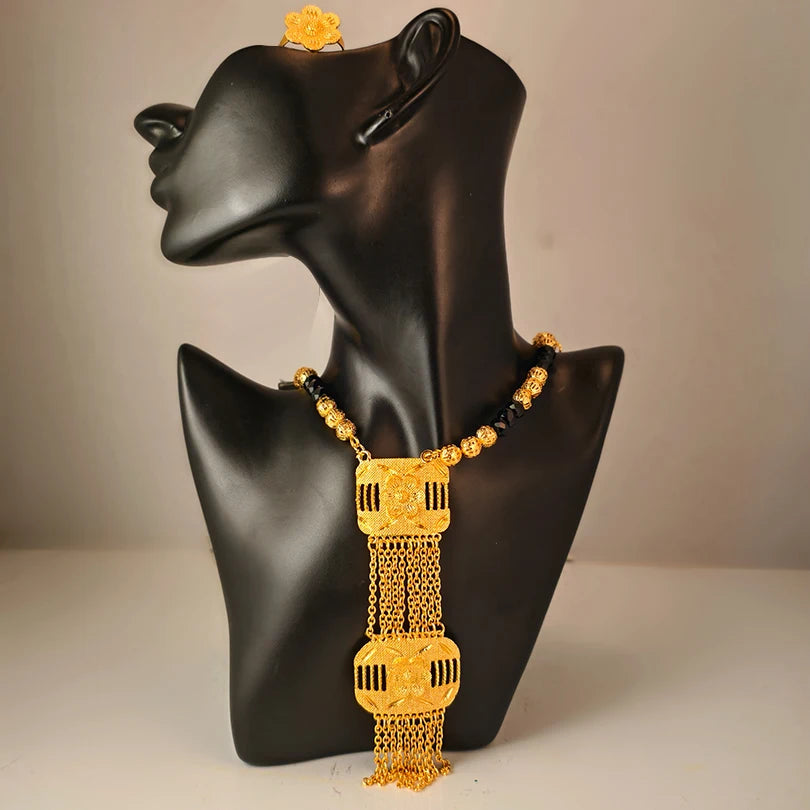 Dubai Gold Color African Jewelry Set for Women and Girls - Elegant Arabic Indian Wedding Necklace and Earrings