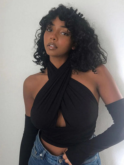 Women Strappy Cross Over Front Cut Out Halter Neck Sleeveless Backless Crop Top Bandage Vest Summer Sexy Tops Woman Clothes S-XL