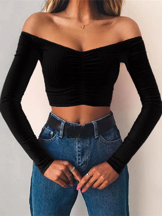 Women Off Shoulder Long Sleeve Slim Clubwear Tee Autumn