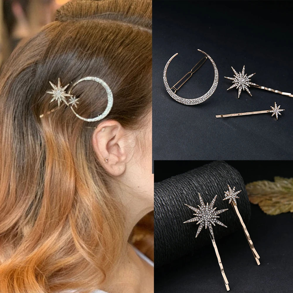 Geometric Stars & Moon Rhinestone Hair Clip Set - Top-Rated Bridal Hairpins for Women