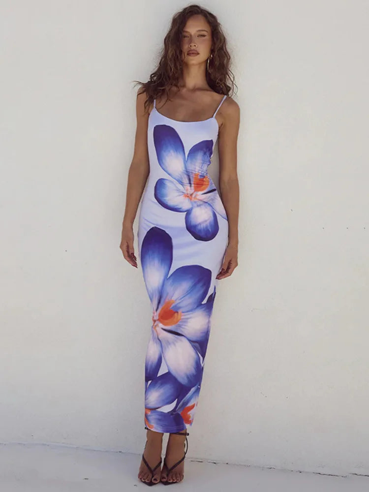 Mozision Floreal Print Long Dress For Women Gown Elegant Blue
