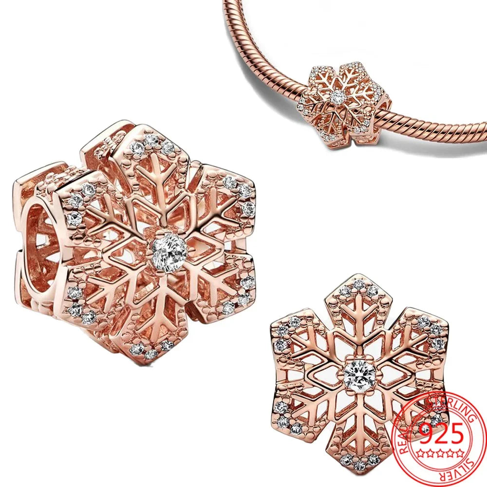 Original 925 Sterling Silver Rose Gold Snowflake Heart Fish Charms Beads for DIY Necklace and Bracelet Jewelry Gift