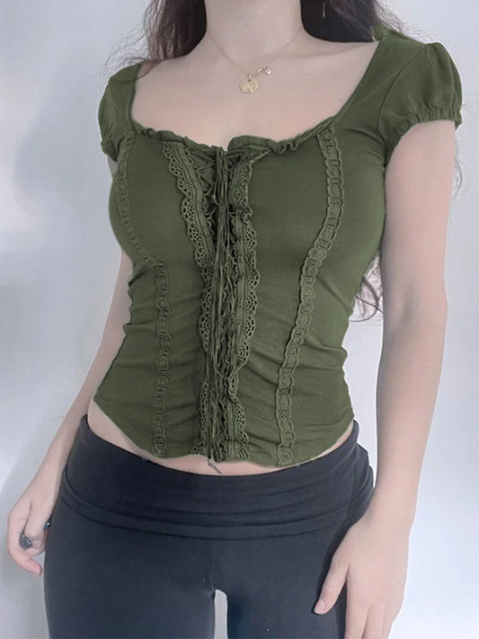 Dozw Green Lace Crop Top Square Collar Women Y2K Chic