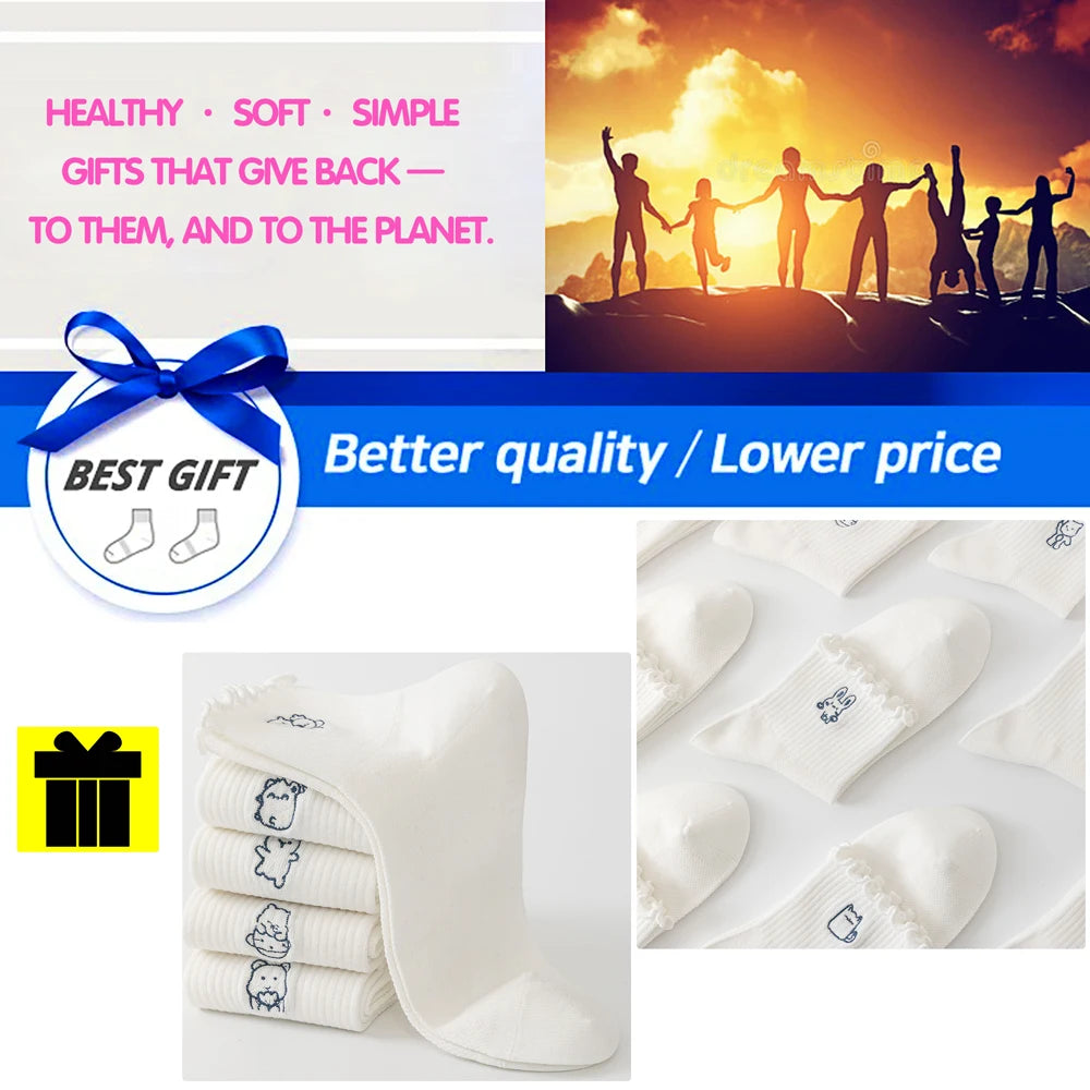 6 Pairs White Cotton Womens Mid Crew Cartoon Ruffle Socks