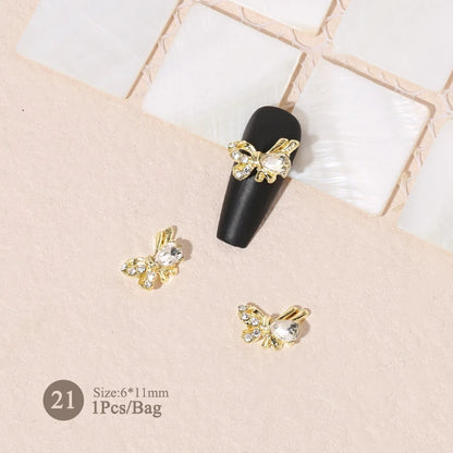 Elegant Gold Silver Metal Bowknot Nail Charm 3D Rhinestone Decor for DIY Manicure Art