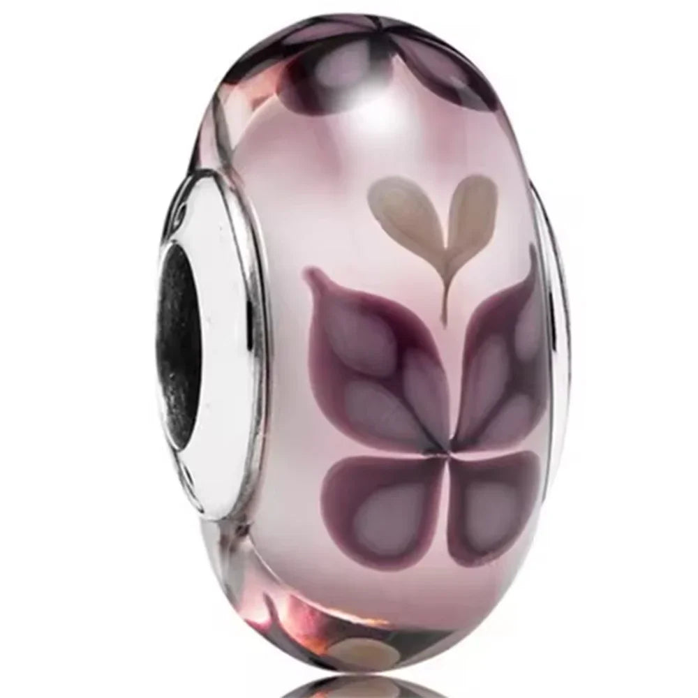 925 Sterling Silver Cosmic Rainbow Murano Glass Beads with Flower and Leaf Charms for DIY Women Jewelry