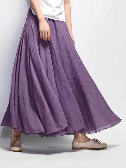 Boho Linen Cotton Maxi Skirt Elastic Waist Beige Pink