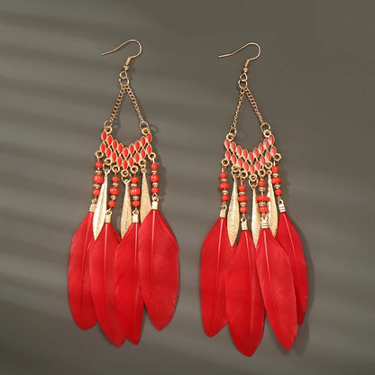 Bohemian Long Feather Drop Earrings with Tassel Beads and Enamel Flowers for Women