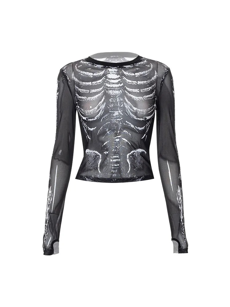 Gothic Punk Y2K Women Skeleton Crop Top Black Long Sleeve
