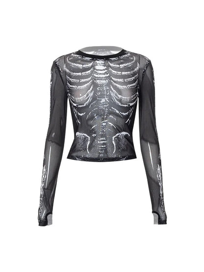 Gothic Punk Y2K Women Skeleton Crop Top Black Long Sleeve