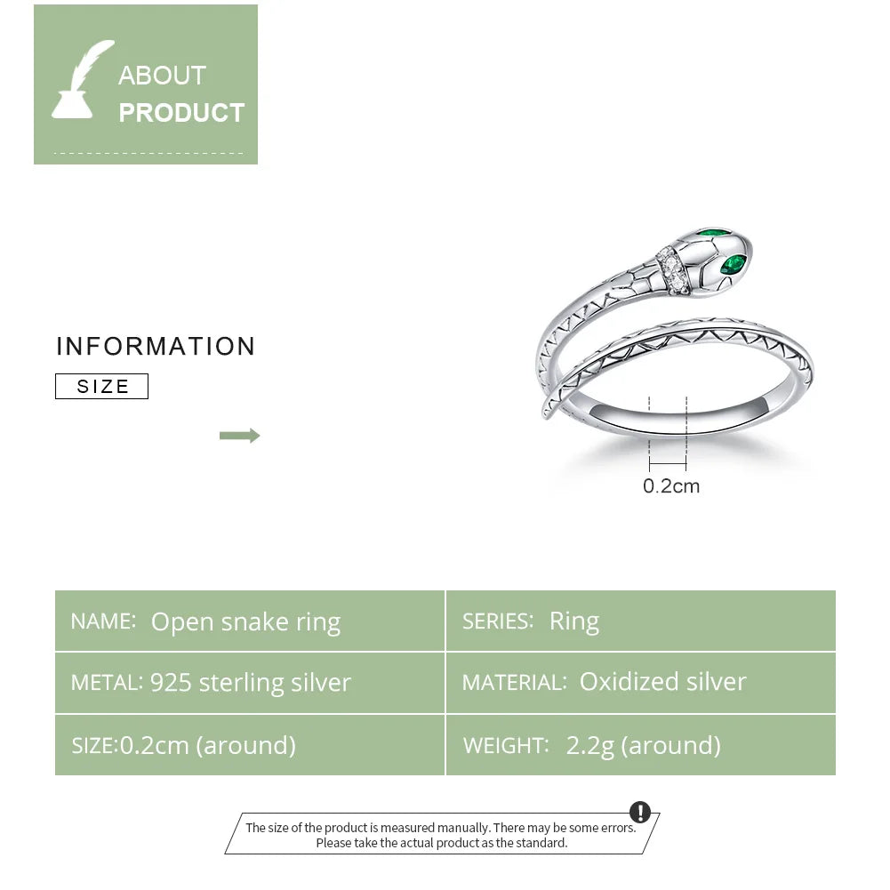Bamoer Vintage Sterling Silver Snake Ring Adjustable Open Design for Women