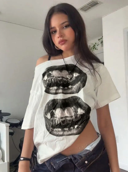 Bold Lip Print T Shirt for Women Loose Fit American Street