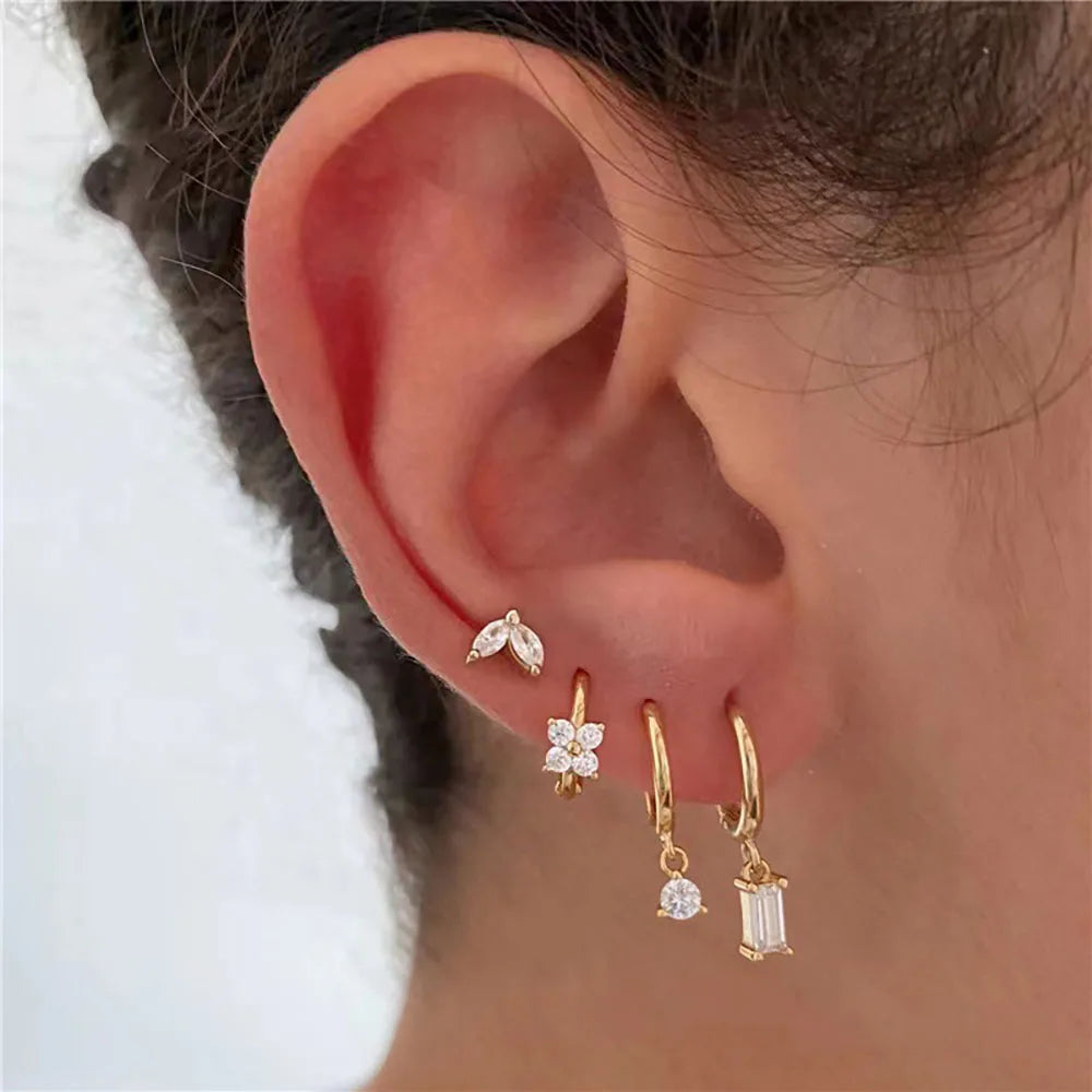 4PCS Luxury Flower Square Earrings Set for Women and Girls in Stainless Steel with Zircon Cartilage Piercing Hoop Design