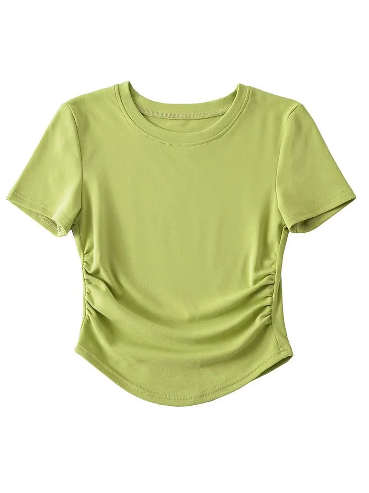 Harajuku 2024 Womens Crew Neck Ruched Side Cotton Tee