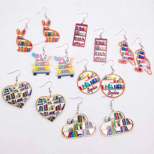 Cat Bookcase Dangle Earrings for Women Geometric Acrylic Rabbit Love Jewelry Gift for Teachers and Readers