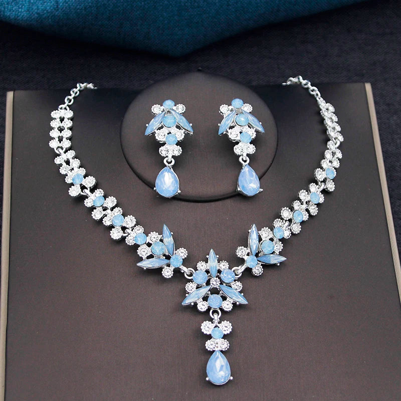Elegant Silver Opal Blue Wedding Crown Jewelry Set for Women - Princess Tiaras, Earrings, and Necklace for Prom Gifts
