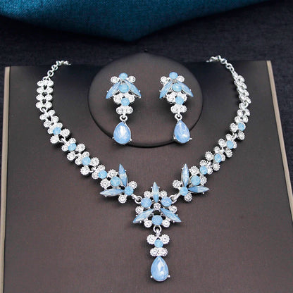 Elegant Silver Opal Blue Wedding Crown Jewelry Set for Women - Princess Tiaras, Earrings, and Necklace for Prom Gifts