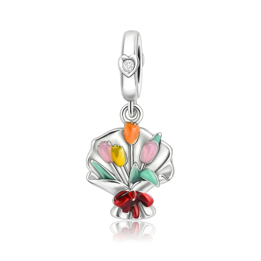 925 Sterling Silver Colorful Flower Charms with Zircon Roses Tulips and Daisies for DIY Necklace and Bracelet Jewelry Gifts