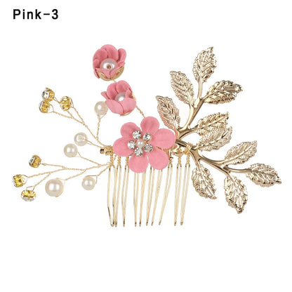 Luxury Crystal Crown Hair Combs - Elegant Bridal Clips with Leaf Design pink 2