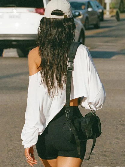 Dozw Off Shoulder Crop Top White Women Streetwear Vintage