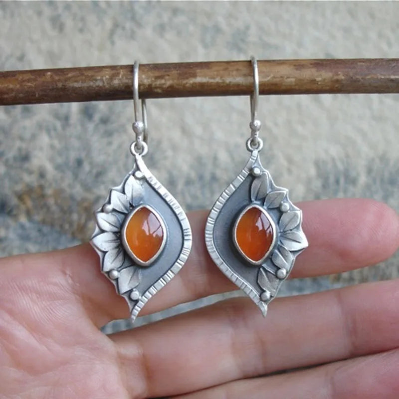 Asymmetric Bronze Red Blue Stone Drop Earrings for Women - Ethnic Statement Jewelry Gift