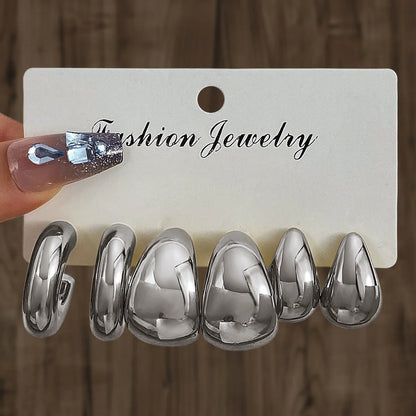 6 Piece Stainless Steel Waterdrop Hoop Earring Set for Women Minimalist Smooth Circle Design