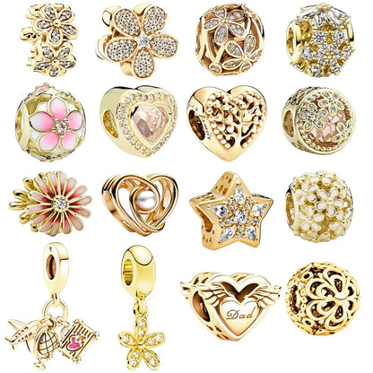 Gold Plated Pink Daisy And Clear Heart Charm Bead 925