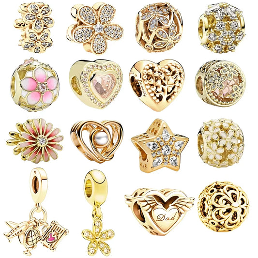 Gold Plated Pink Daisy And Clear Heart Charm Bead 925